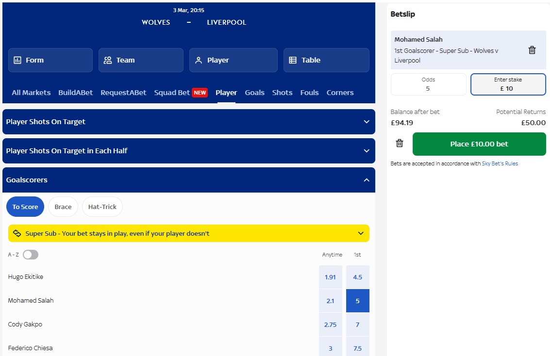 Sky Bet wolves v liverpool betting page with player to score market showing & player tab highlighted. mo salah selected as first goalscorer and betslip on page